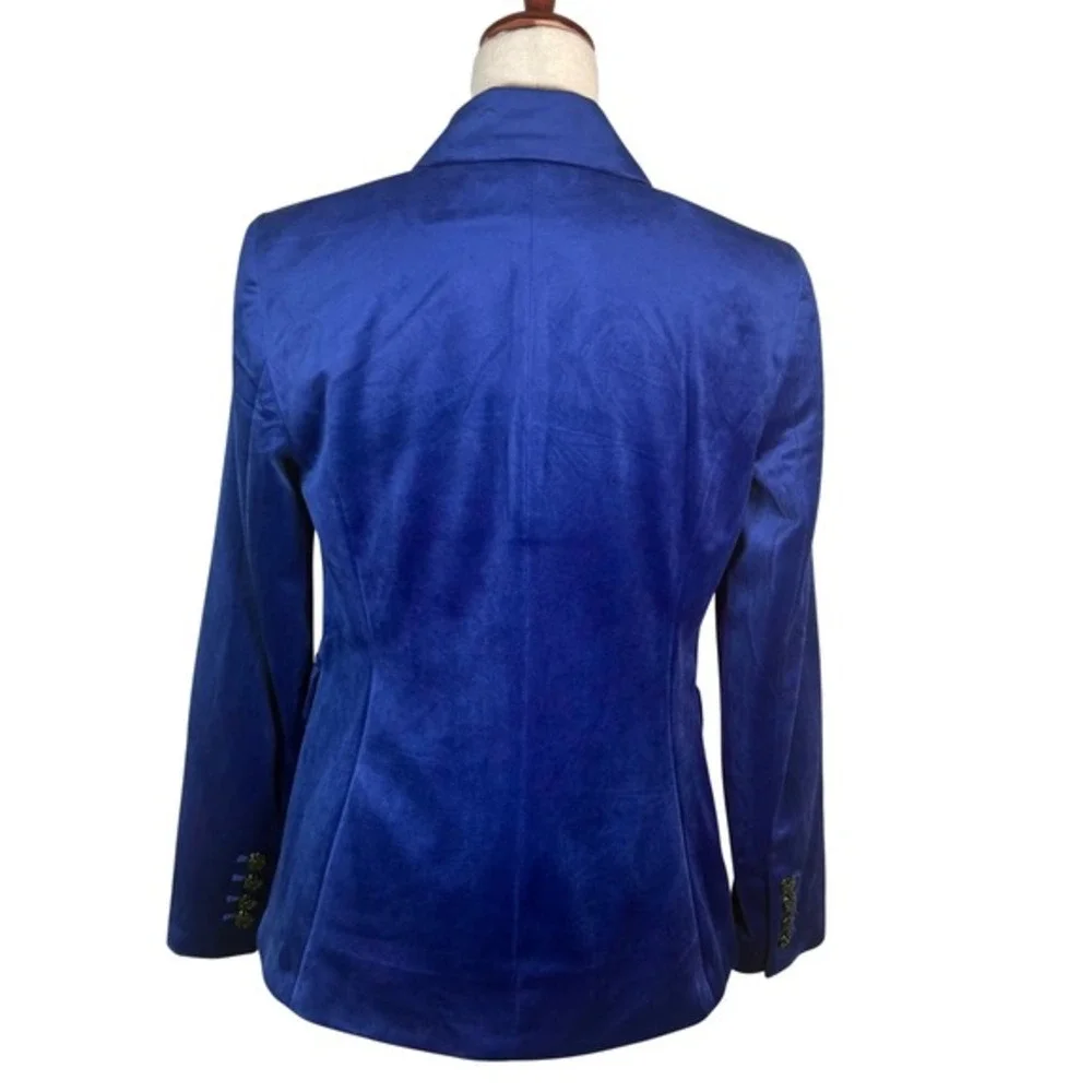 WHBM Royal Blue Velvet Blazer Women 4 Double Breasted Floral Lined Career Jacket